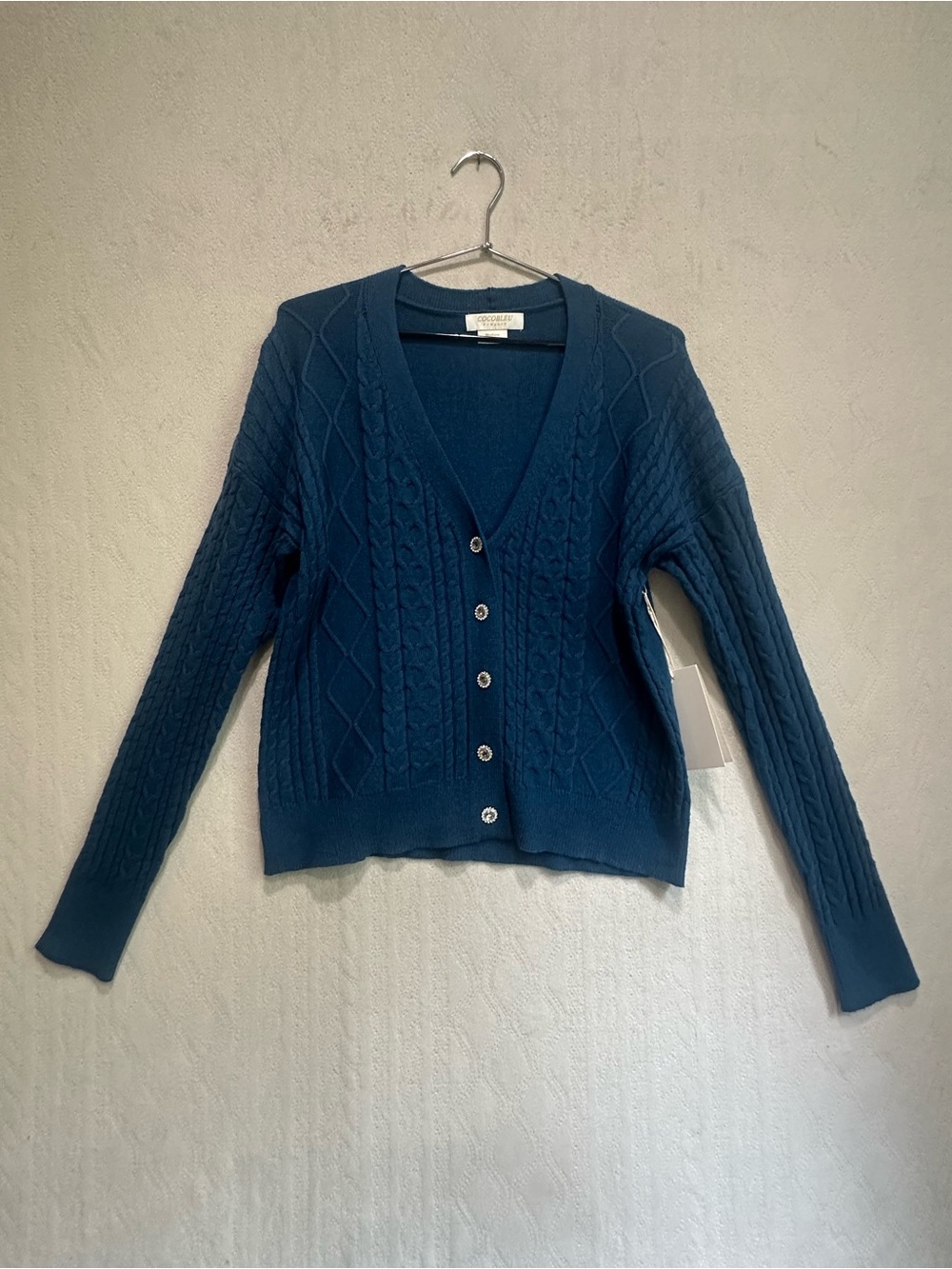 NWT Cocobleu Mykonos Blue Cable-Knit V-Neck Cardigan Sweater Sz M